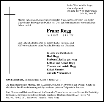 Traueranzeige von Franz Rogg von Tageszeitung