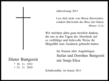 Traueranzeige von Dieter Buttgereit von Tageszeitung