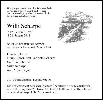 Traueranzeige von Willi Scharpe von Tageszeitung