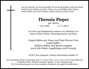 Traueranzeige von Theresia Pieper von Tageszeitung