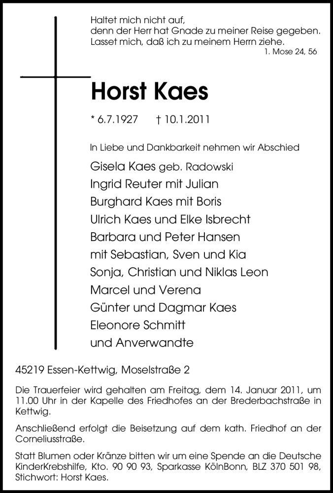  Traueranzeige für Horst Kaes vom 12.01.2011 aus Tageszeitung