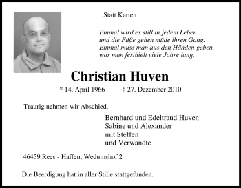 Traueranzeige von Christian Huven von Tageszeitung