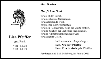 Traueranzeige von Lisa Pfeiffer von Tageszeitung