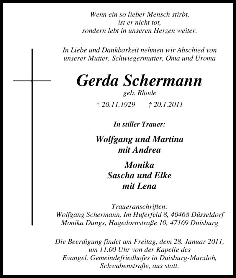  Traueranzeige für Gerda Schermann vom 26.01.2011 aus Tageszeitung