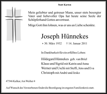 Traueranzeige von Joseph Hünnekes von Tageszeitung