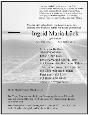 Traueranzeige von Ingrid Maria Lück von Tageszeitung