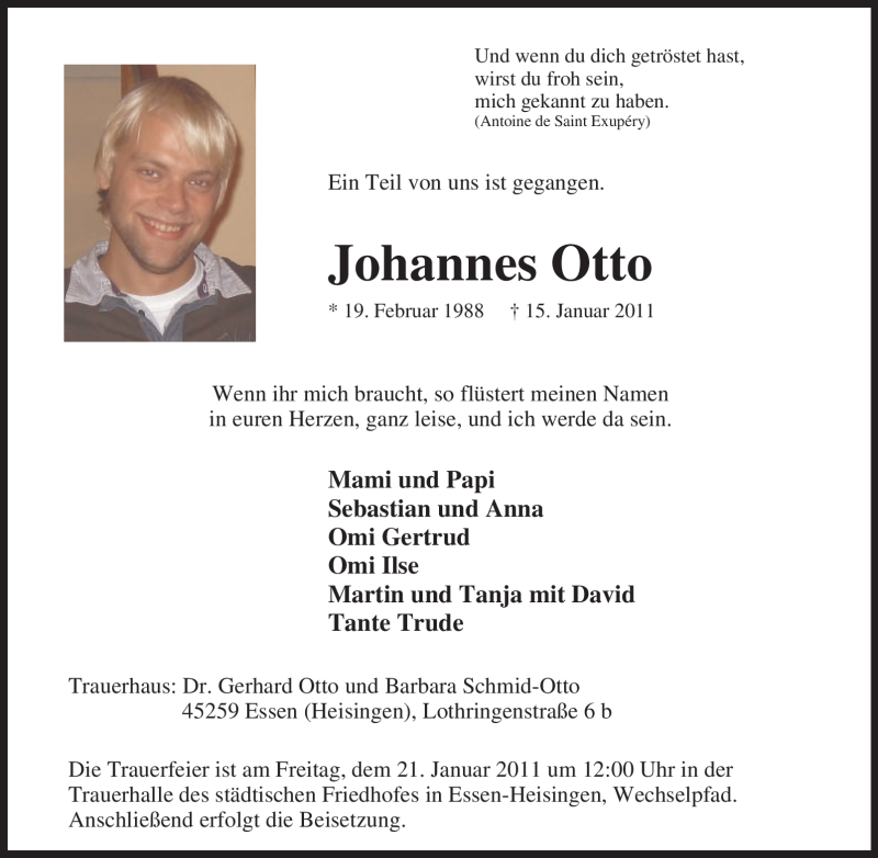  Traueranzeige für Johannes Otto vom 19.01.2011 aus Tageszeitung
