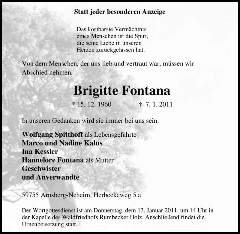  Traueranzeige für Brigitte Fontana vom 08.01.2011 aus Tageszeitung