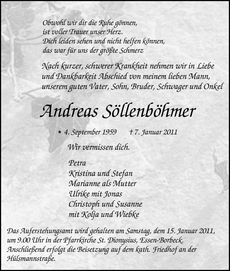  Traueranzeige für Andreas Söllenböhmer vom 12.01.2011 aus Tageszeitung