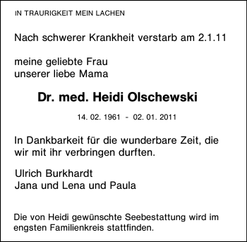 Traueranzeige von Heidi Olschewski von Tageszeitung