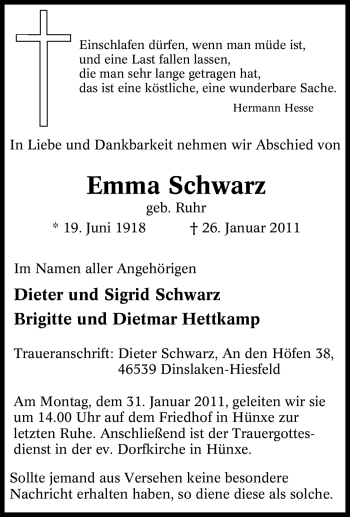 Traueranzeige von Emma Schwarz von Tageszeitung