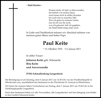 Traueranzeige von Paul Keite von Tageszeitung