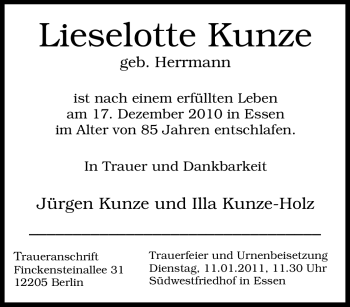 Traueranzeige von Lieselotte Kunze von Tageszeitung