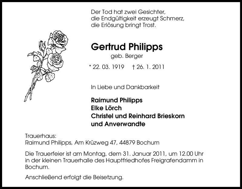  Traueranzeige für Gertrud Philipps vom 28.01.2011 aus Tageszeitung