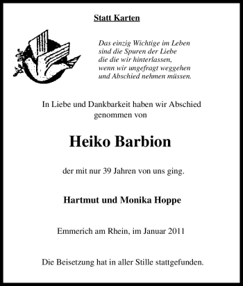 Traueranzeige von Heiko Barbion von Tageszeitung