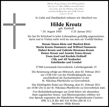 Traueranzeige von Hilde Kreutz von Tageszeitung