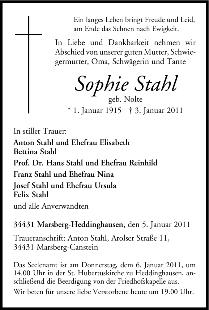  Traueranzeige für Sophie Stahl vom 05.01.2011 aus Tageszeitung