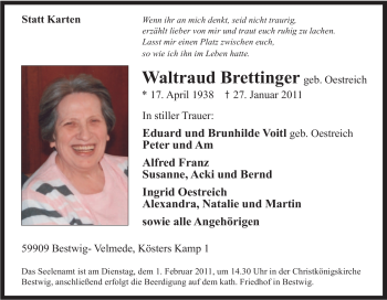 Traueranzeige von Waltraud Brettinger von Tageszeitung