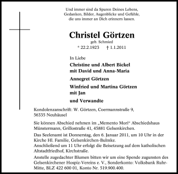 Traueranzeige von Christel Görtzen von Tageszeitung