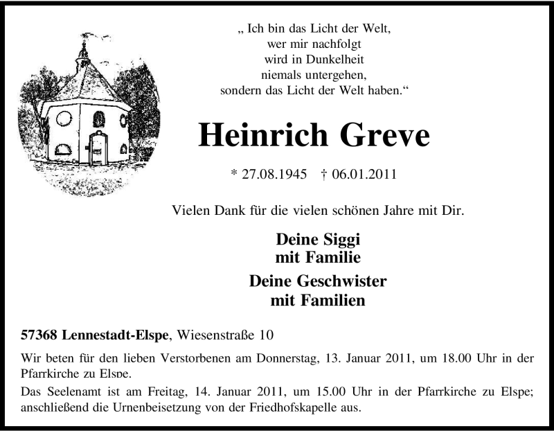  Traueranzeige für Heinrich Greve vom 08.01.2011 aus Tageszeitung