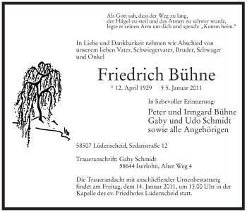 Traueranzeige von Friedrich Bühne von Tageszeitung