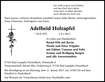 Traueranzeige von Adelheid Holzapfel von Tageszeitung