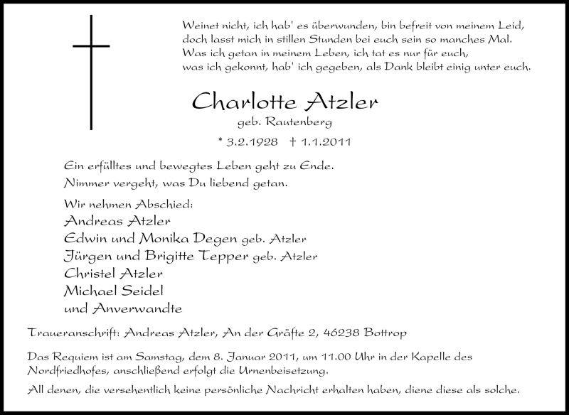  Traueranzeige für Charlotte Atzler vom 05.01.2011 aus Tageszeitung