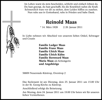 Traueranzeige von Reinold Maas von Tageszeitung