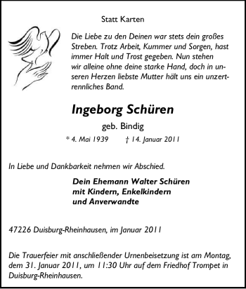 Traueranzeige von Ingeborg Schüren von Tageszeitung