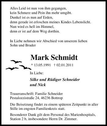 Traueranzeige von Mark Schmidt von Tageszeitung