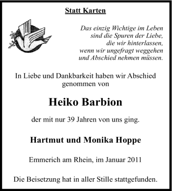 Traueranzeige von Heiko Barbion von Tageszeitung