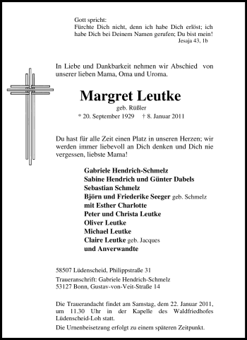 Traueranzeige von Margret Leutke von Tageszeitung