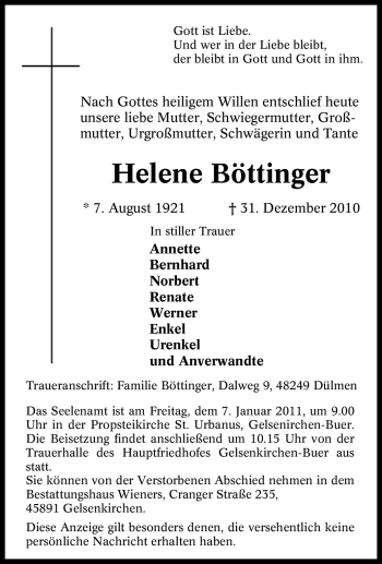 Traueranzeige von Helene Böttinger von Tageszeitung