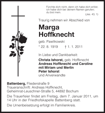 Traueranzeige von Marga Hoffknecht von Tageszeitung