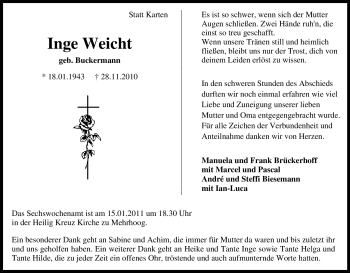 Traueranzeige von Inge Weicht von Tageszeitung