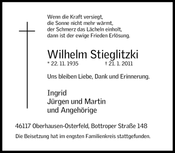 Traueranzeige von Wilhelm Stieglitzki von Tageszeitung