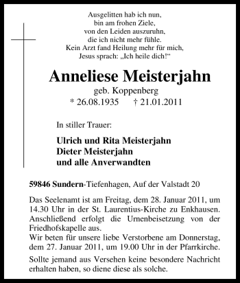 Traueranzeige von Anneliese Meisterjahn von Tageszeitung