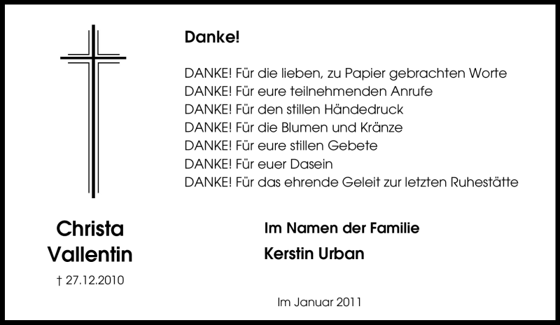  Traueranzeige für Christa Vallentin vom 22.01.2011 aus Tageszeitung