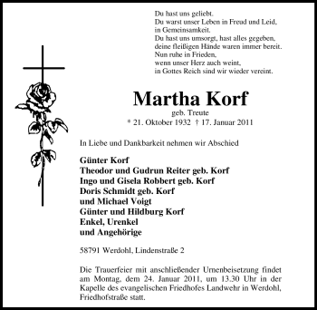 Traueranzeige von Martha Korf von Tageszeitung