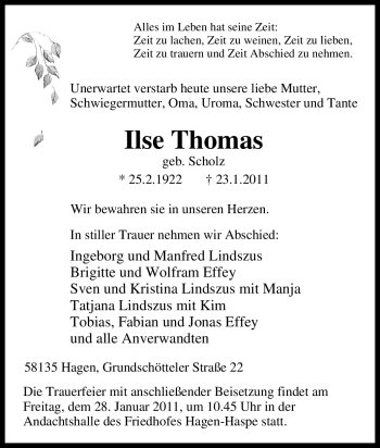 Traueranzeige von Ilse Thomas von Tageszeitung