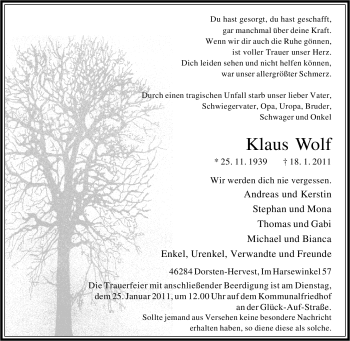 Traueranzeige von Klaus Wolf von Tageszeitung