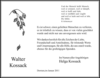 Traueranzeige von Walter Kossack von Tageszeitung