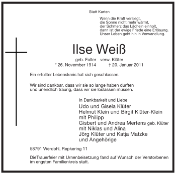 Traueranzeige von Ilse Weiß von Tageszeitung