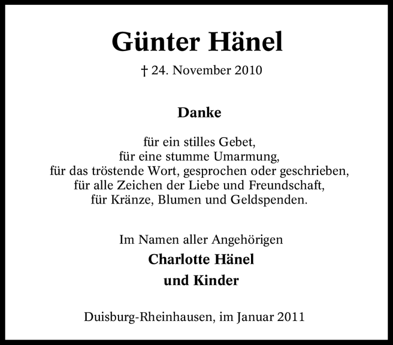 Traueranzeigen von Günter Hänel TrauerinNRW.de
