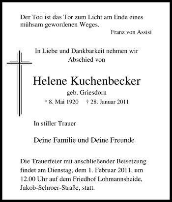 Traueranzeige von Helene Kuchenbecker von Tageszeitung