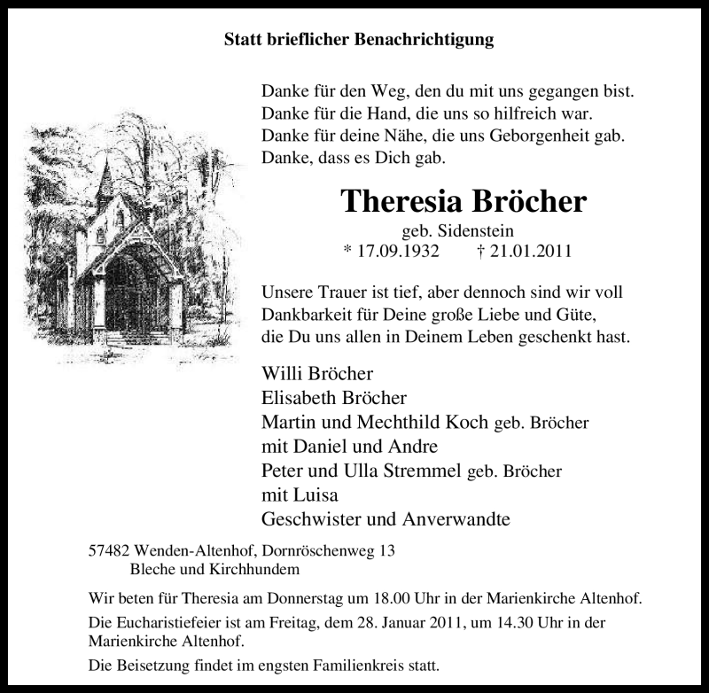  Traueranzeige für Theresia Bröcher vom 22.01.2011 aus Tageszeitung