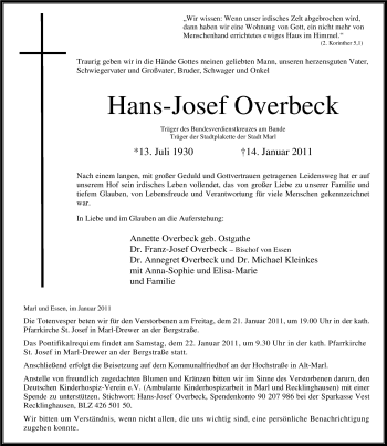 Traueranzeige von Hans-Josef Overbeck von Tageszeitung