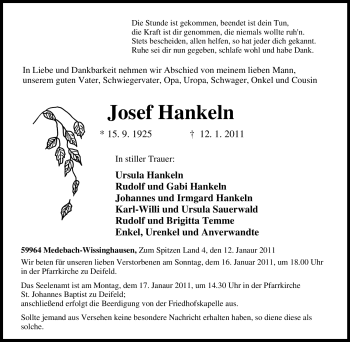 Traueranzeige von Josef Hankeln von Tageszeitung