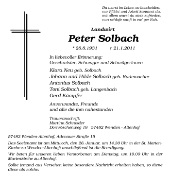 Traueranzeige von Peter Solbach von Tageszeitung
