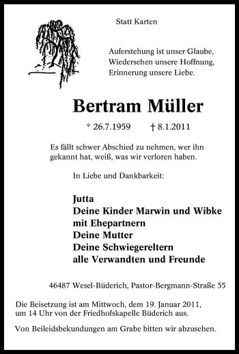 Traueranzeige von Bertram Müller von Tageszeitung